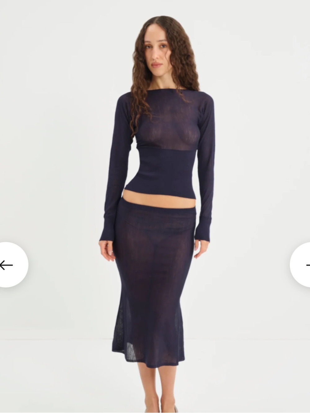 MIAOU Aimee Navy Sheer Knit Midi Skirt